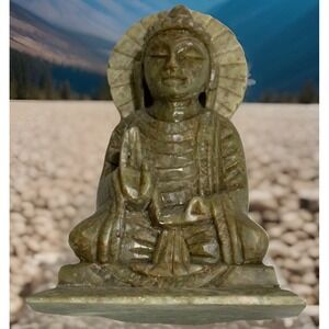 Vintage Hand-Carved‎ Soapstone Buddha Statue With Halo - Zen-Inspired Home Decor